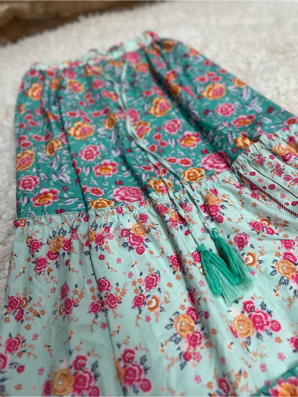 Floral Tiered Boutique Maxi Skirt in Teal and Mint NWT